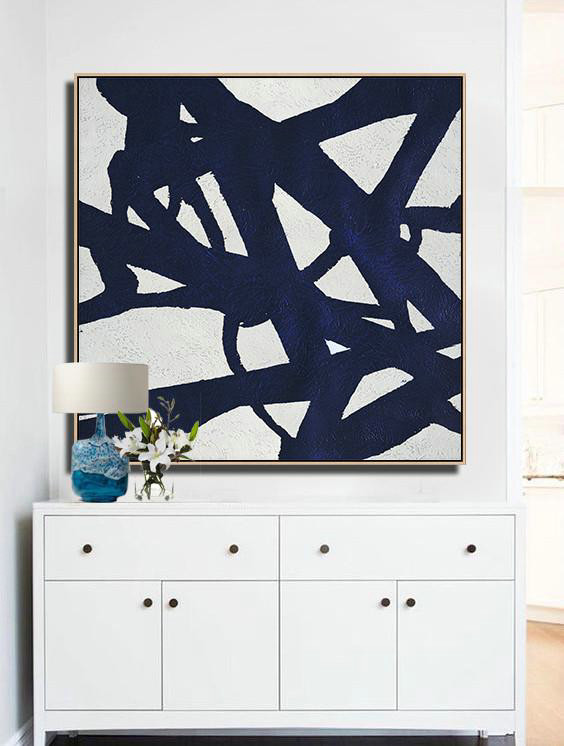 Handmade Large Contemporary Art,Hand Painted Navy Minimalist Painting On Canvas,Large Abstract Art Handmade Acrylic Painting
